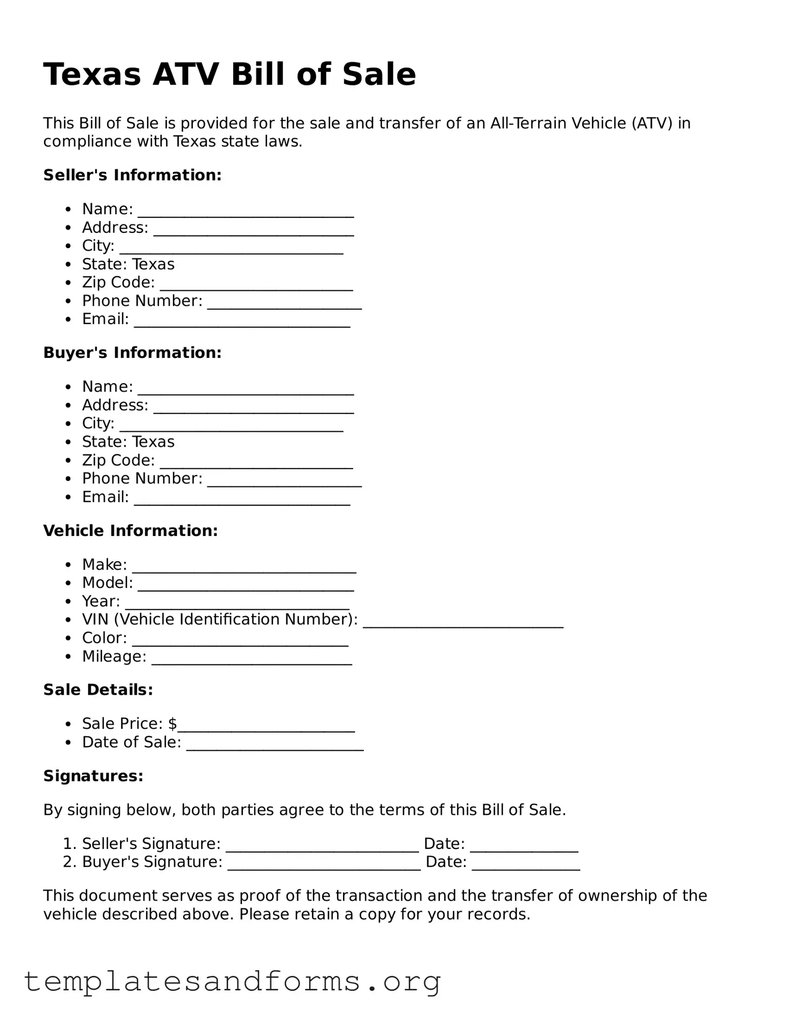 Free ATV Bill of Sale Form for the State of Texas