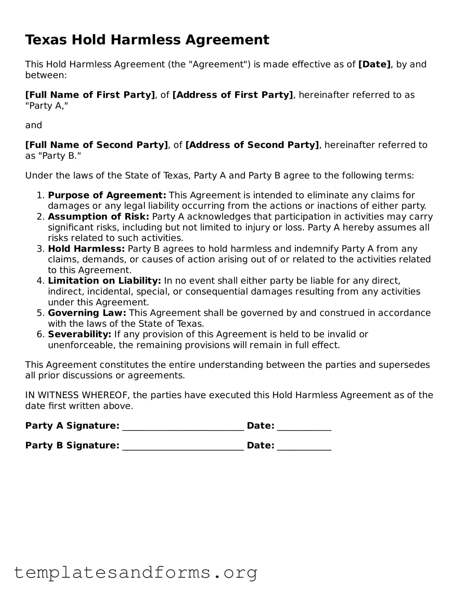 Free Hold Harmless Agreement Form for the State of Texas