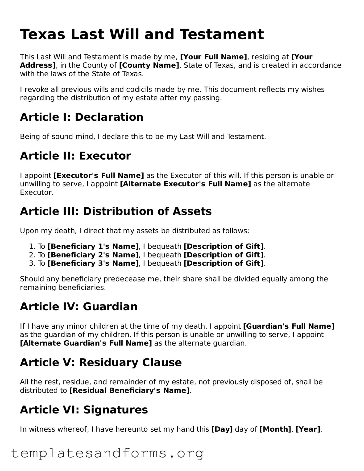 Free Last Will and Testament Form for the State of Texas