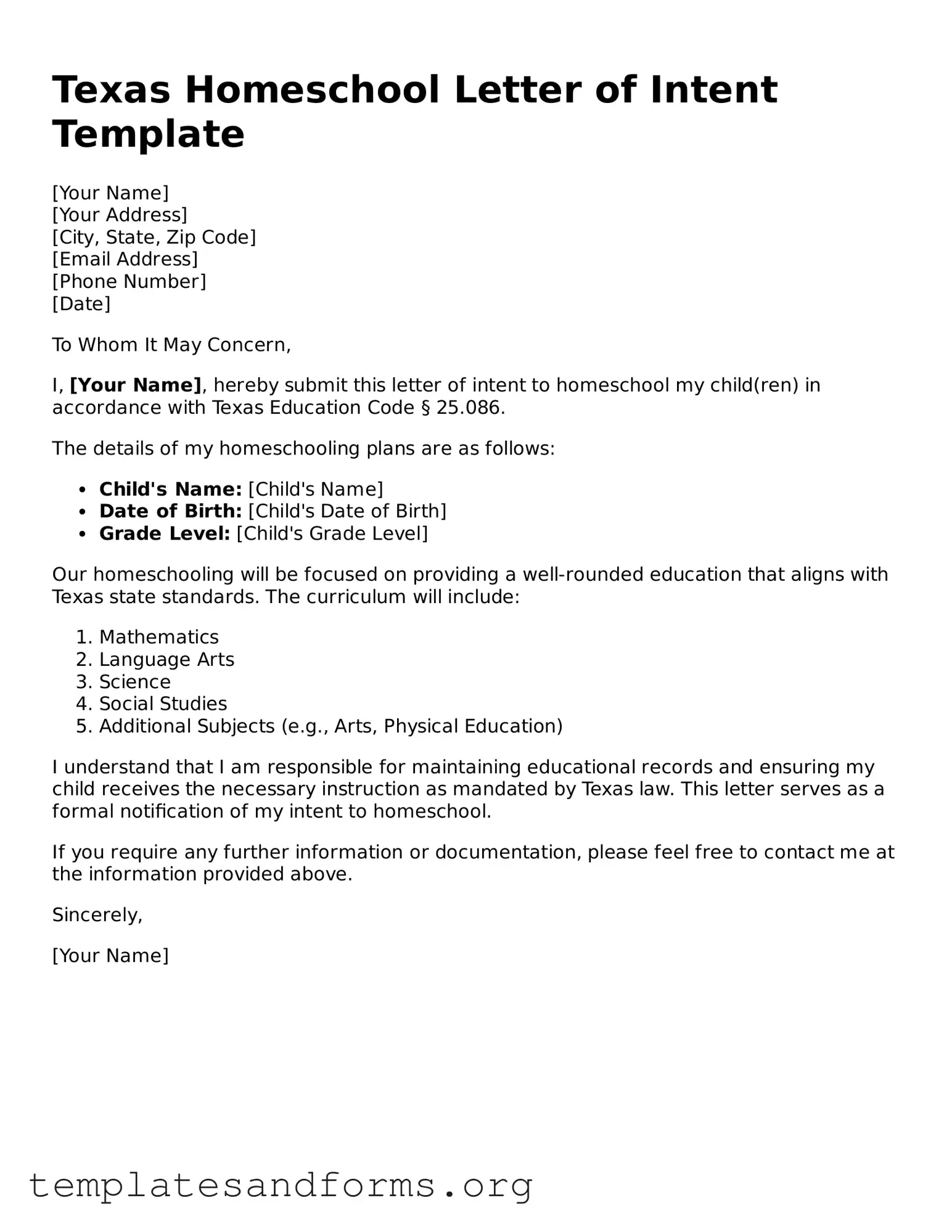 Free Homeschool Letter of Intent Form for the State of Texas