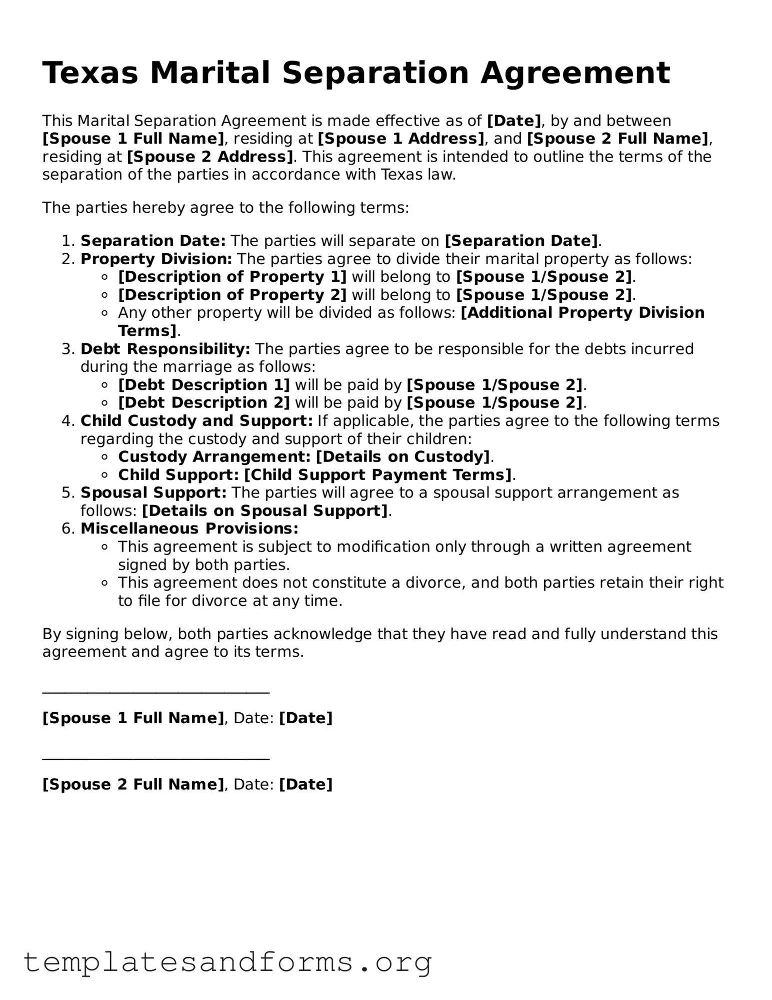 Free Marital Separation Agreement Form for the State of Texas