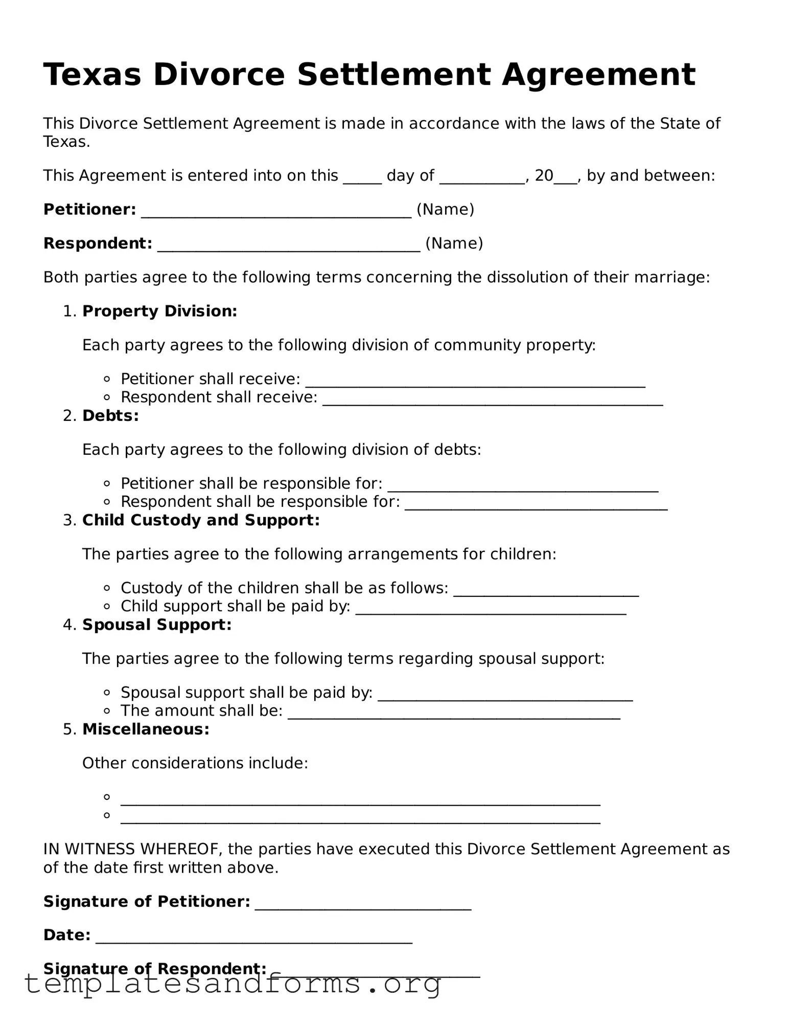 Free Divorce Settlement Agreement Form for the State of Texas