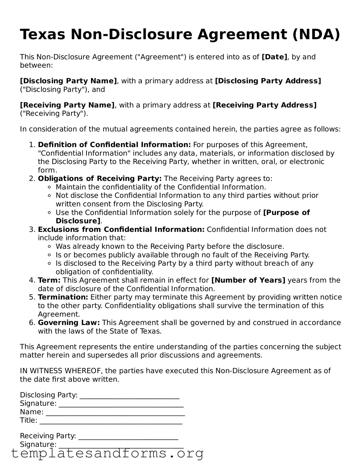 Free Non-disclosure Agreement Form for the State of Texas