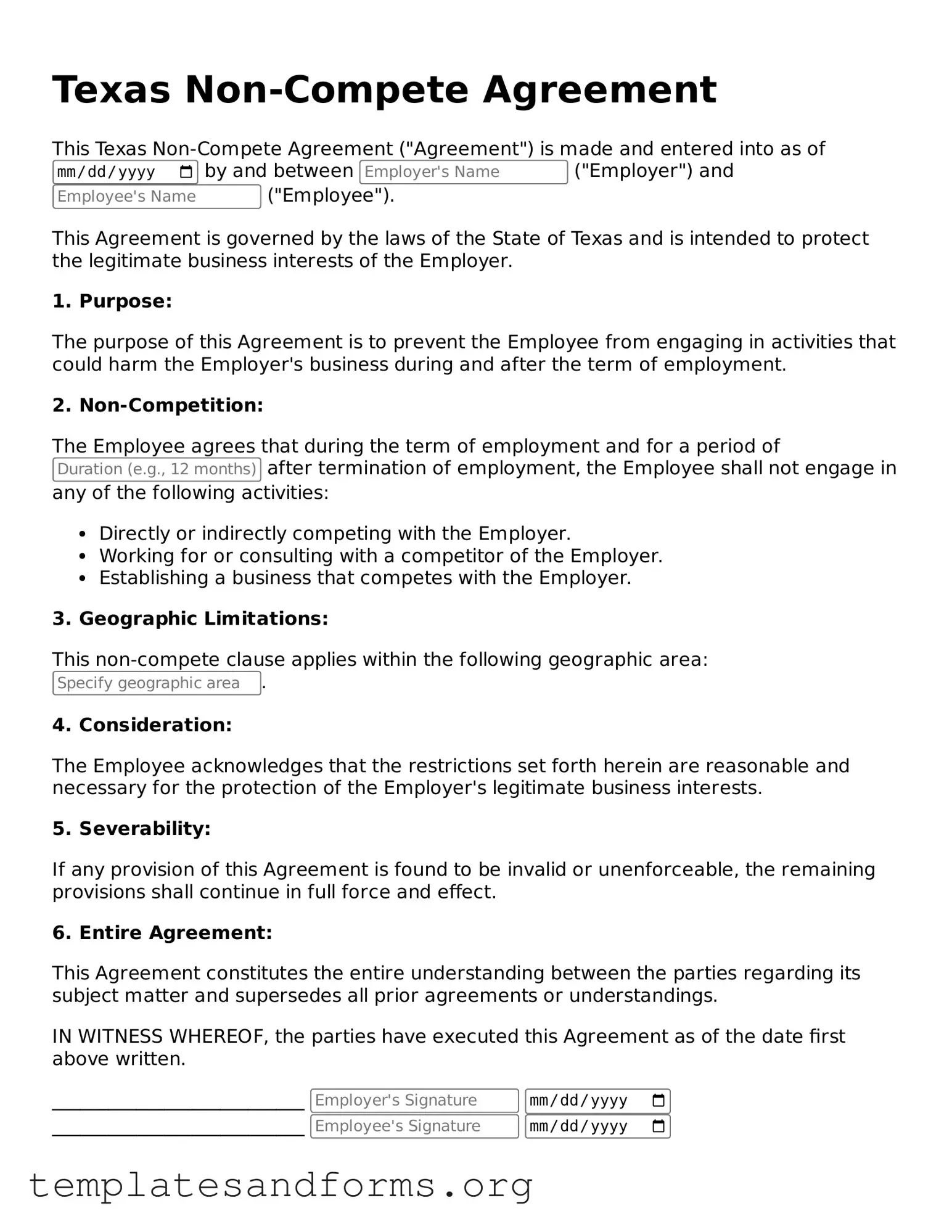Free Non-compete Agreement Form for the State of Texas