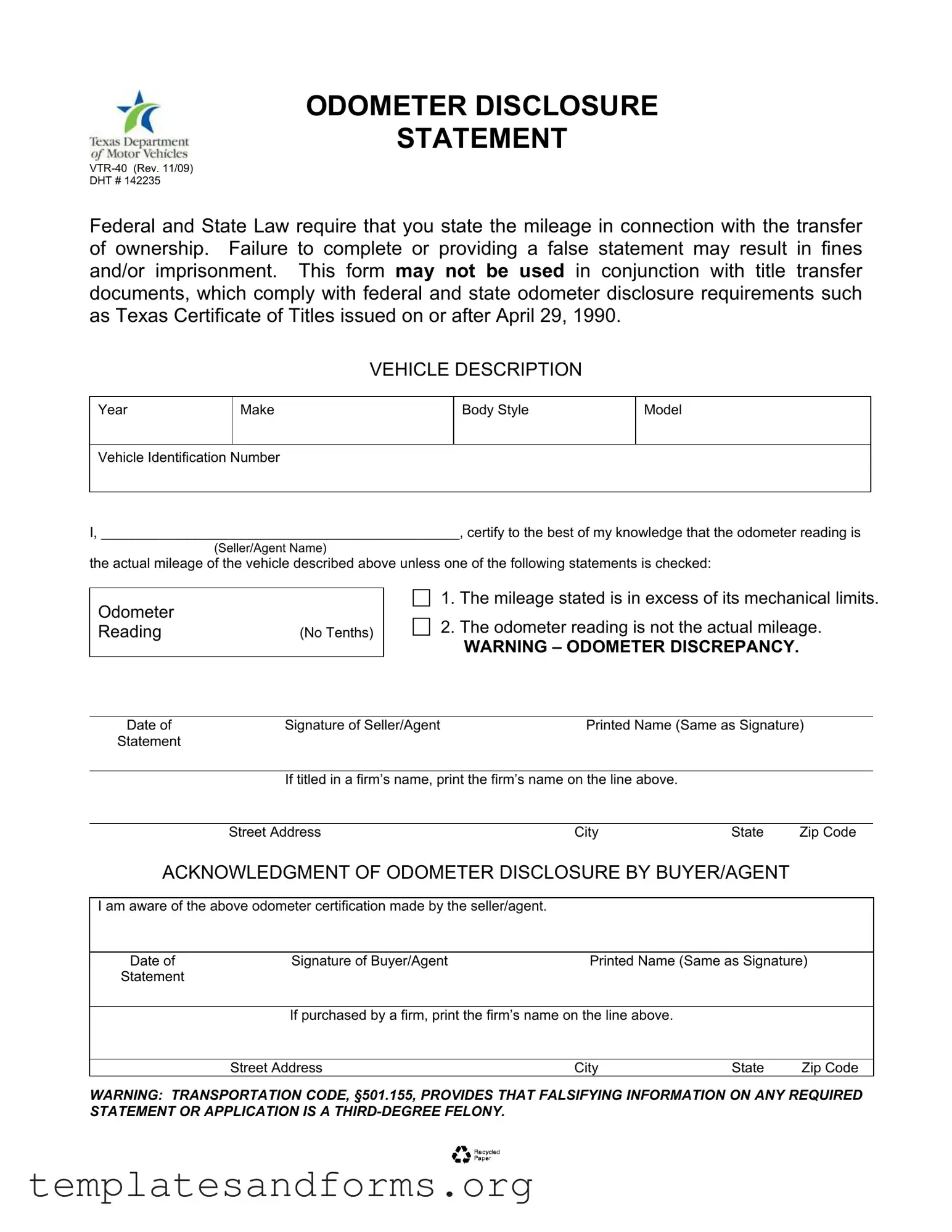Fill in a Valid Texas Odometer Statement Form