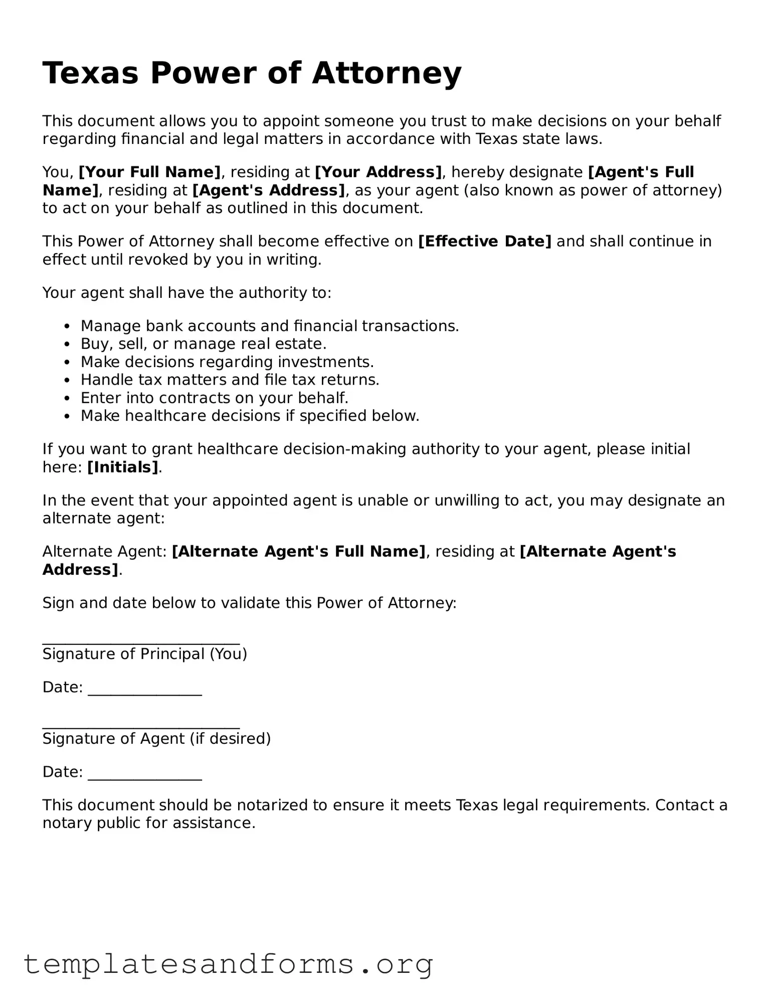 Free Power of Attorney Form for the State of Texas
