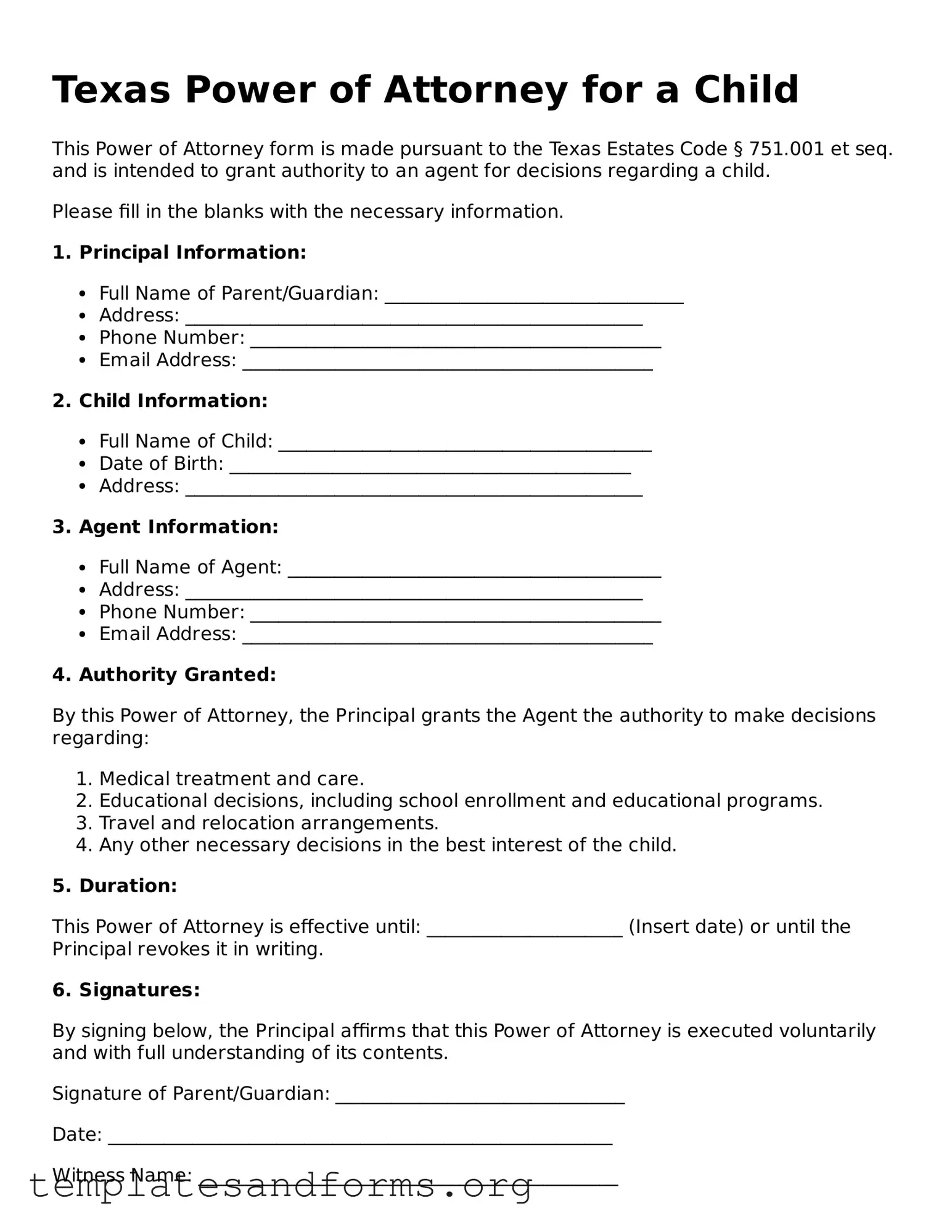 Free Power of Attorney for a Child Form for the State of Texas