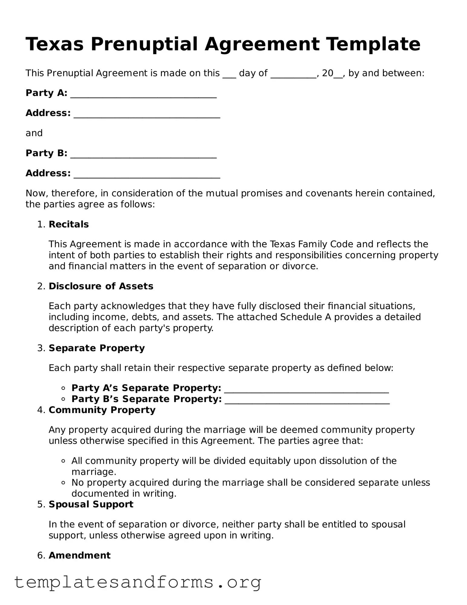 Free Prenuptial Agreement Form for the State of Texas