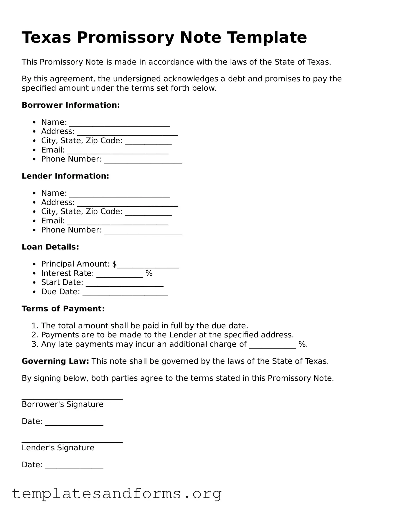 Free Promissory Note Form for the State of Texas