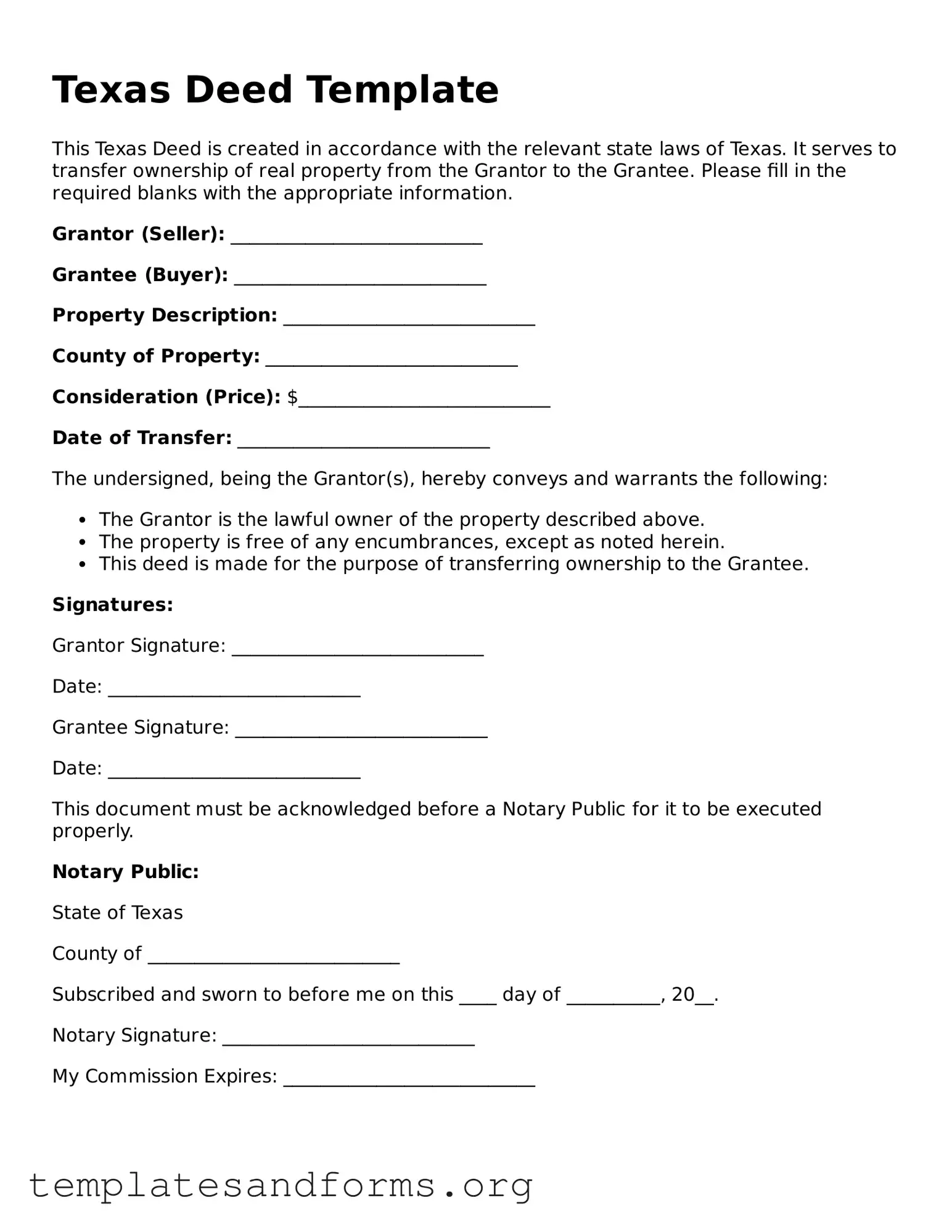 Free Deed Form for the State of Texas