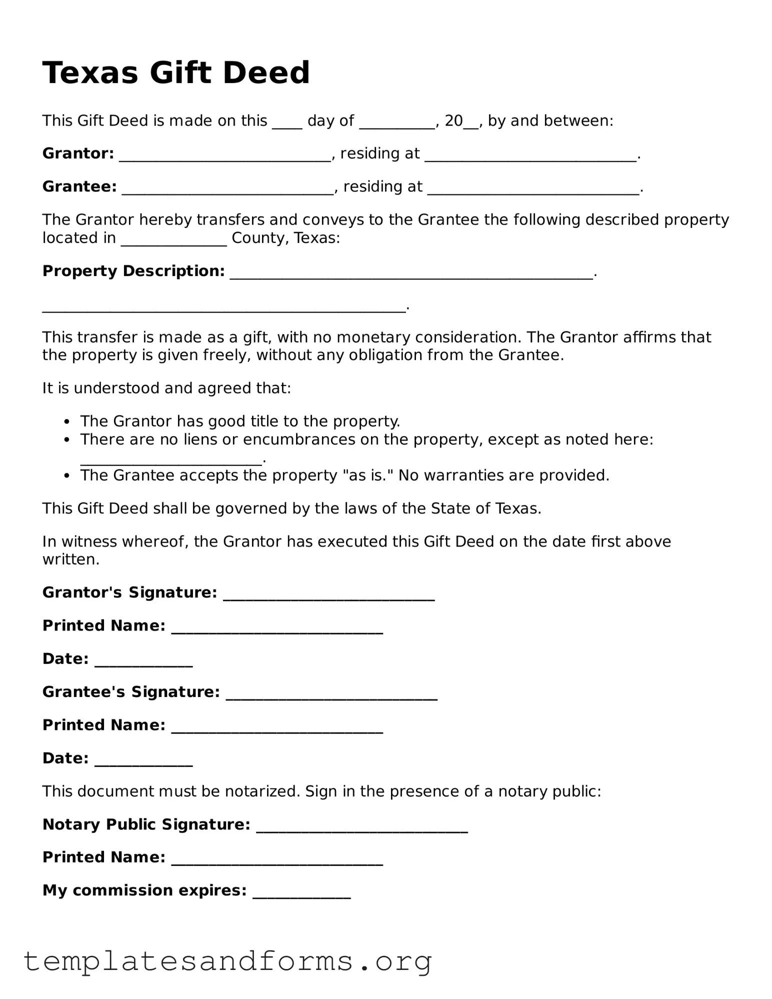 Free Gift Deed Form for the State of Texas
