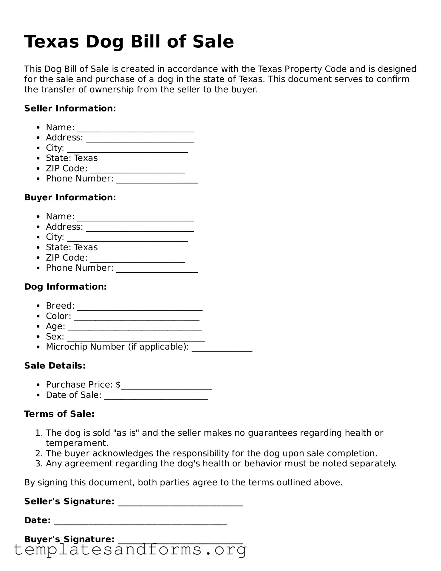 Free Dog Bill of Sale Form for the State of Texas