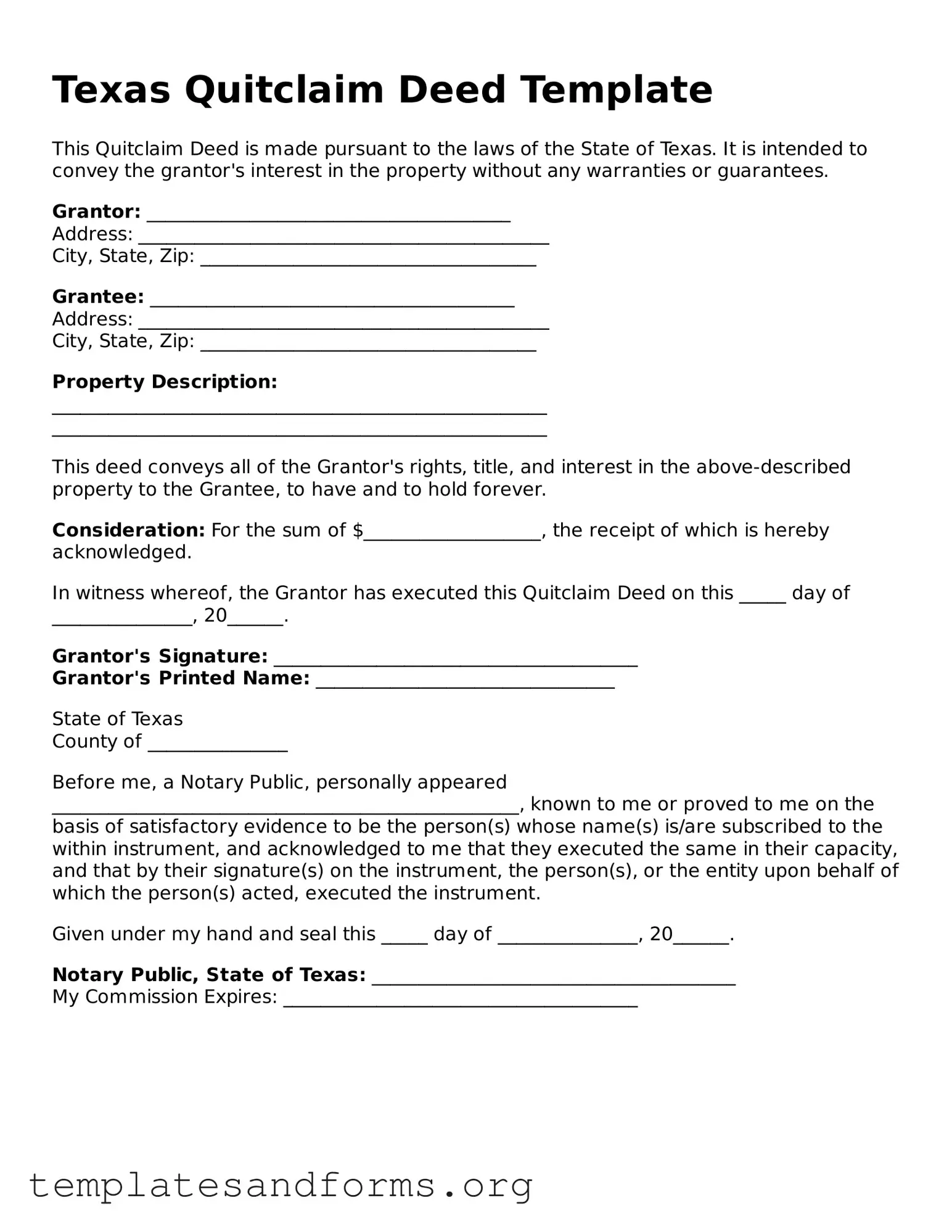 Free Quitclaim Deed Form for the State of Texas
