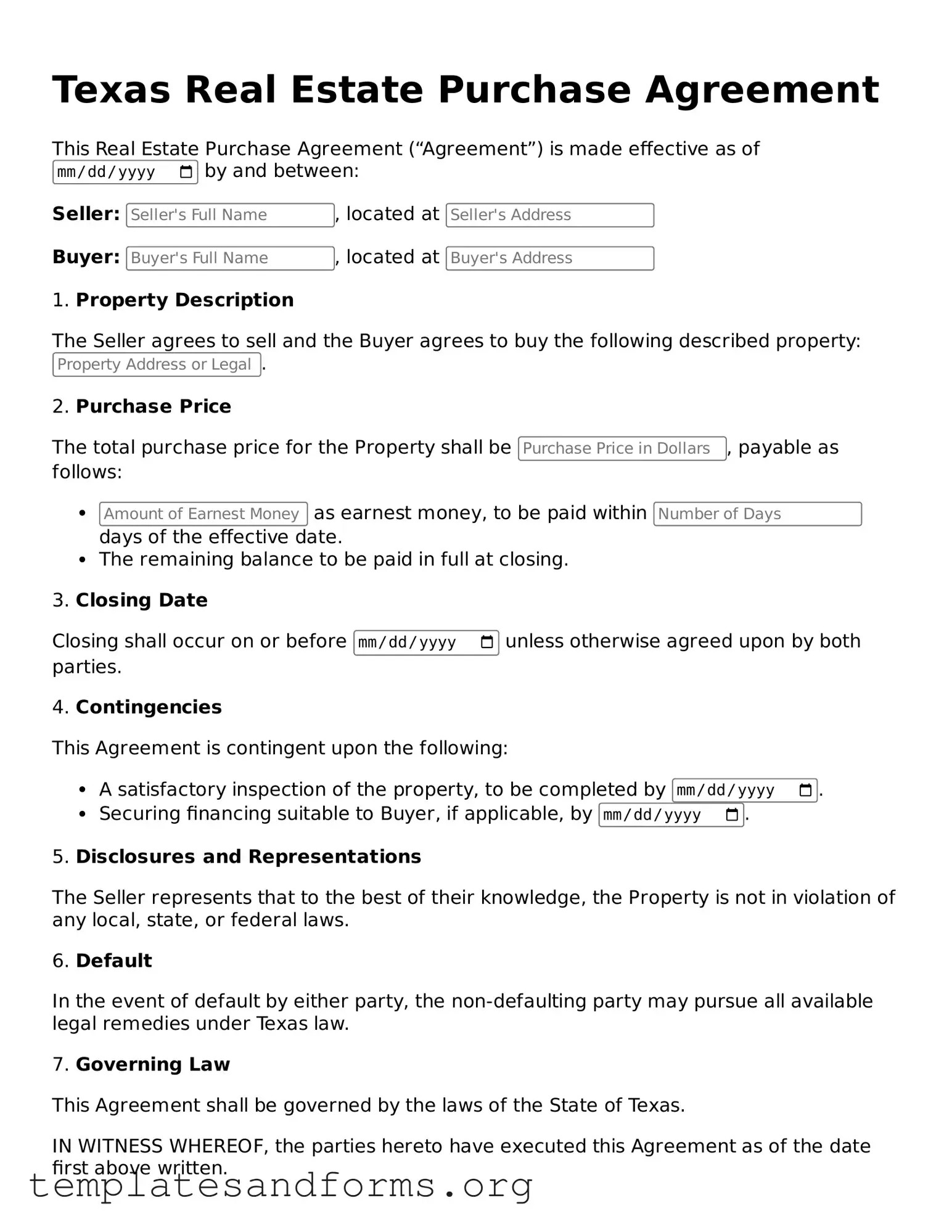 Free Real Estate Purchase Agreement Form for the State of Texas