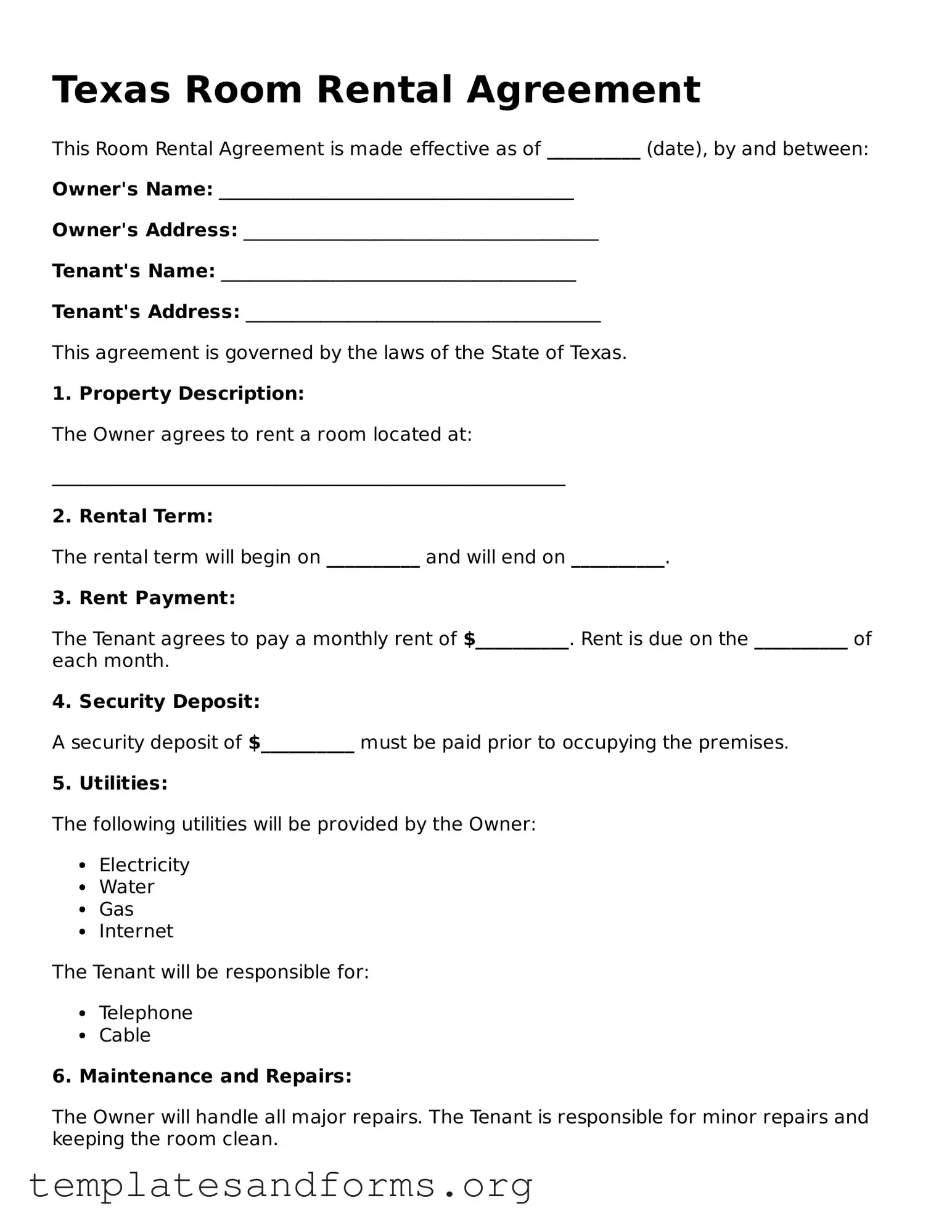 Free Room Rental Agreement Form for the State of Texas
