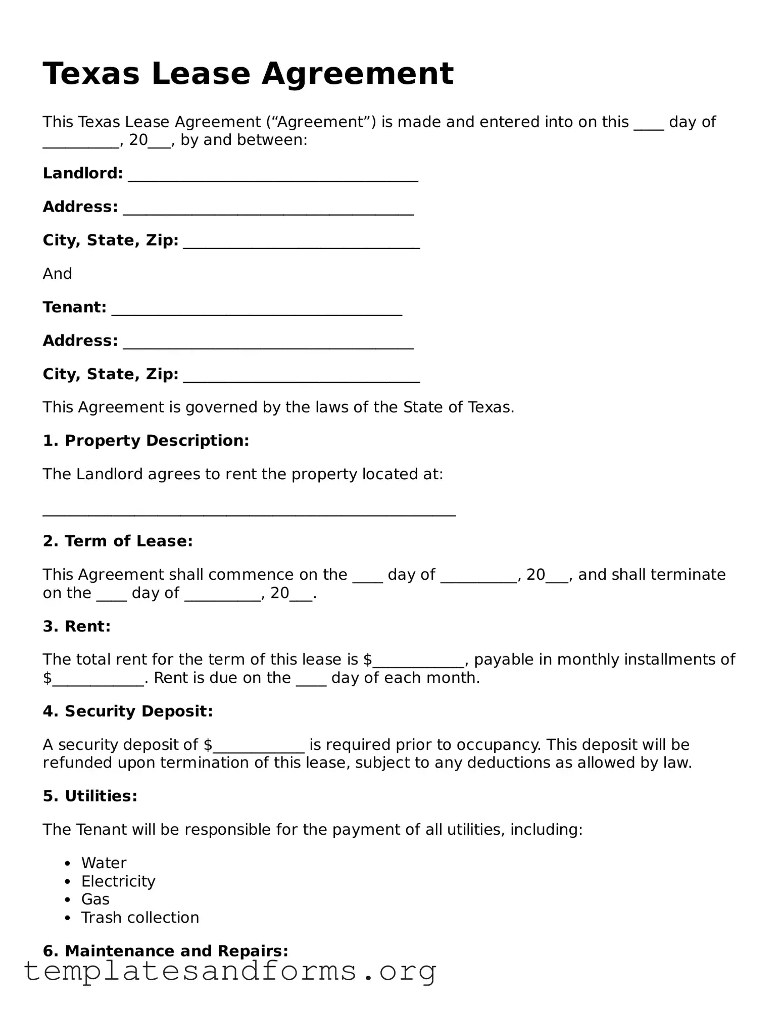 Free Lease Agreement Form for the State of Texas