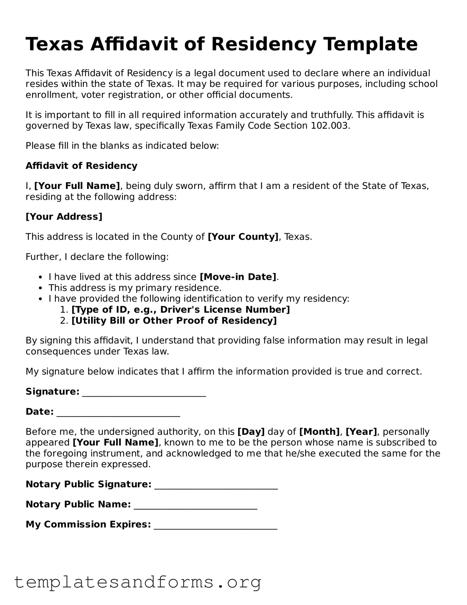Free Affidavit of Residency Form for the State of Texas