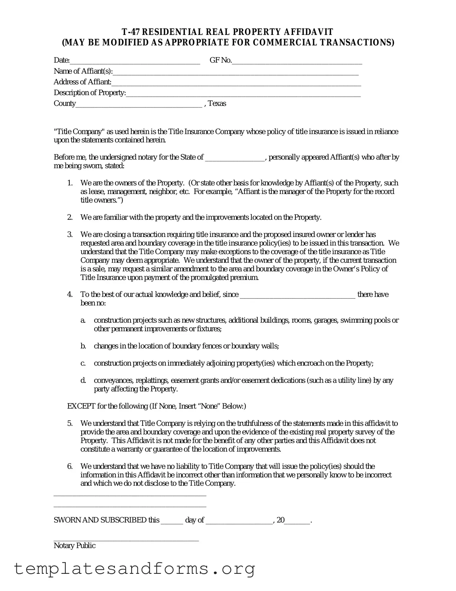 Fill in a Valid Texas residential property affidavit T-47 Form