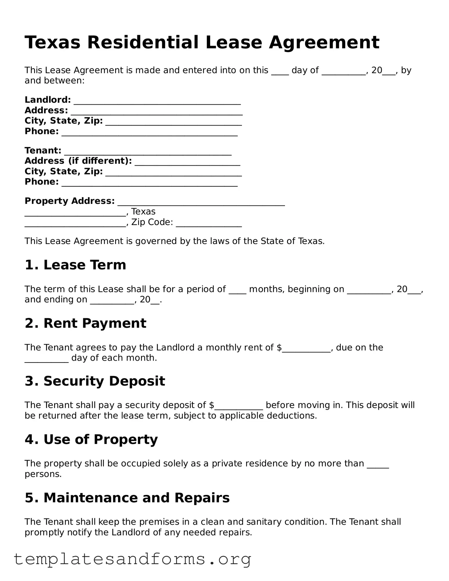 Free Residential Lease Agreement Form for the State of Texas