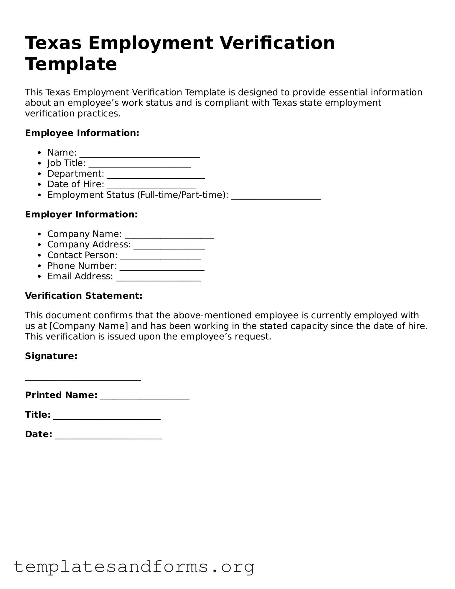 Free Employment Verification Form for the State of Texas