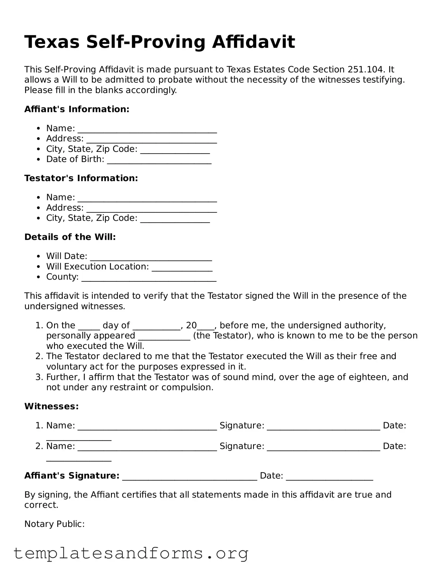 Free Self-Proving Affidavit Form for the State of Texas
