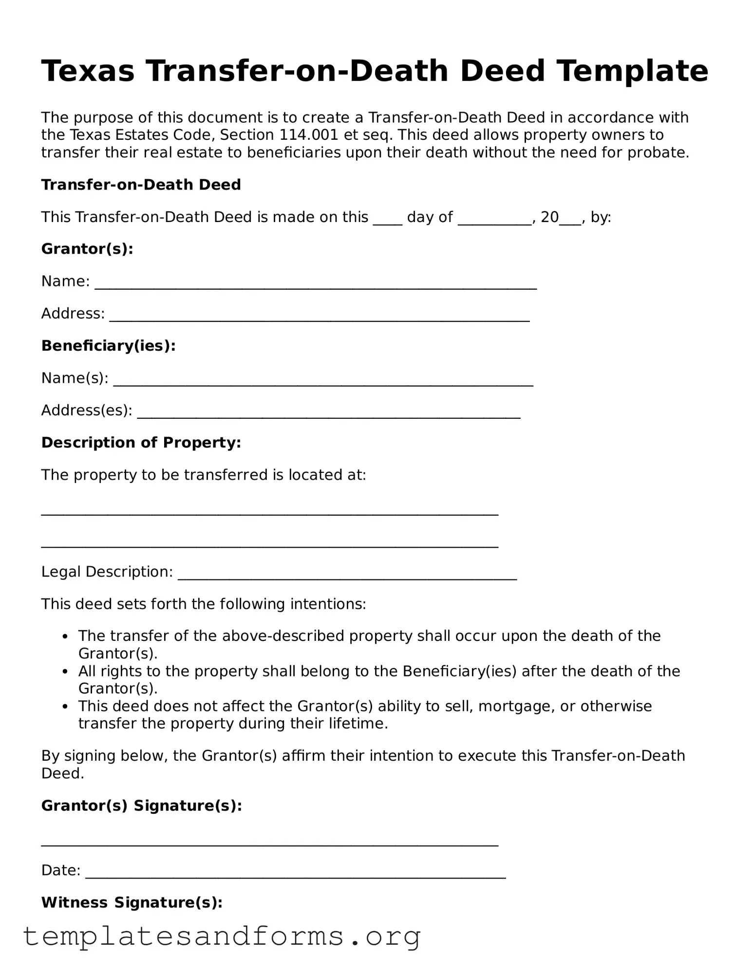 Free Transfer-on-Death Deed Form for the State of Texas