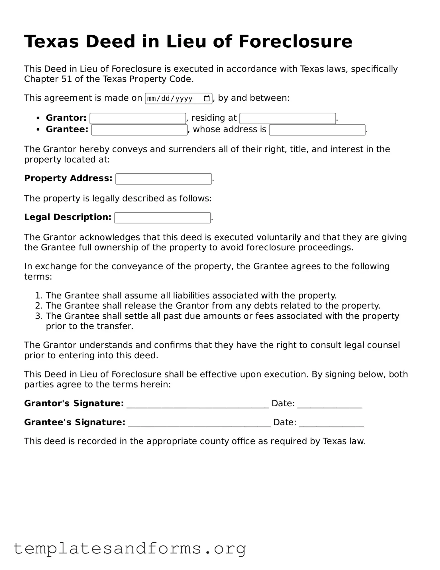 Free Deed in Lieu of Foreclosure Form for the State of Texas