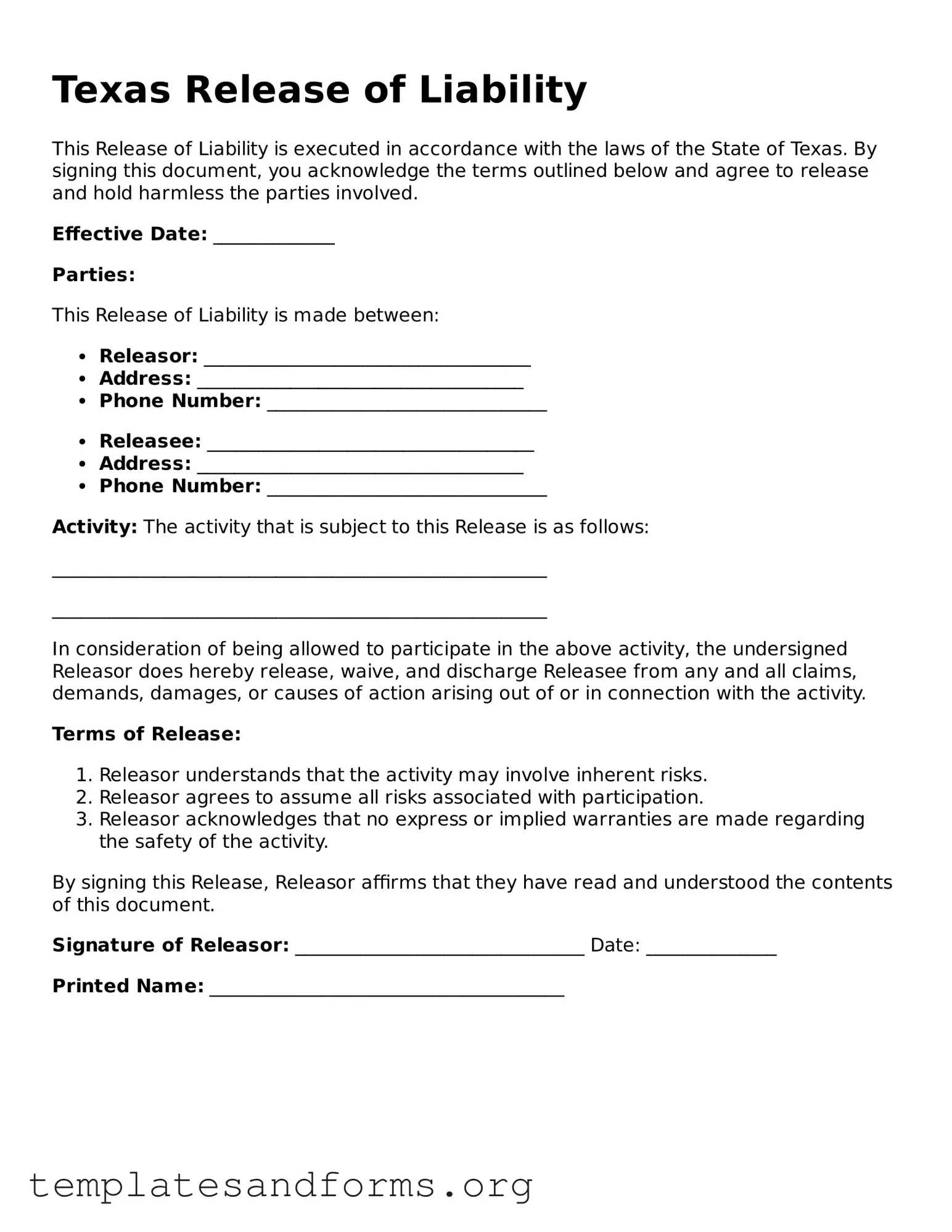 Free Release of Liability Form for the State of Texas