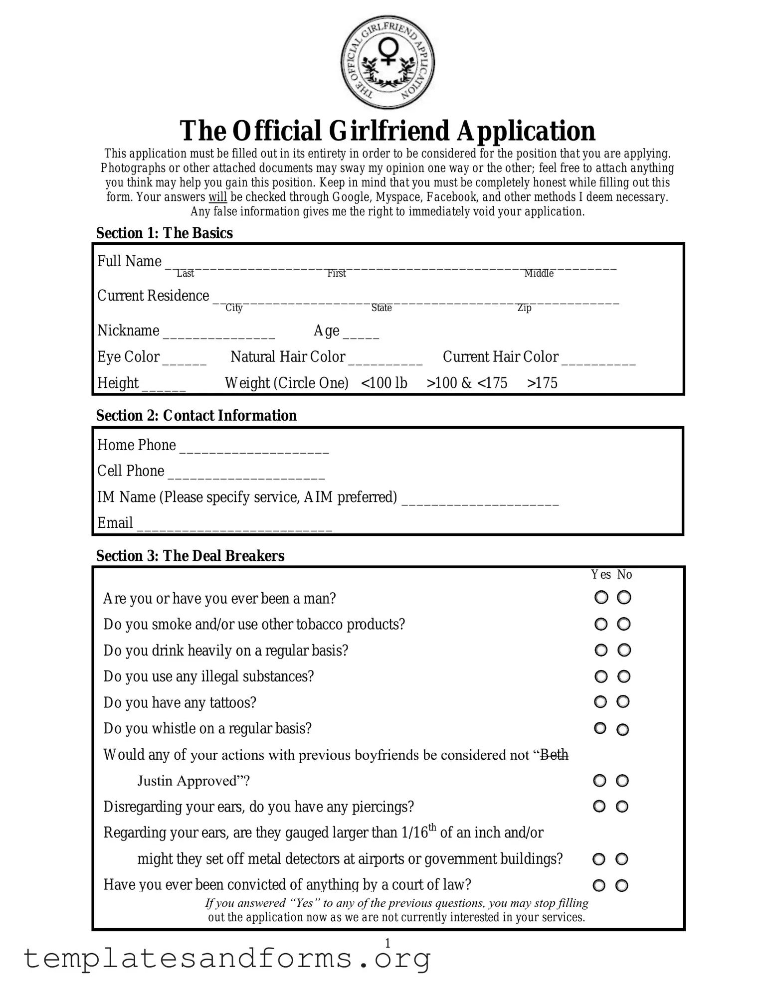 Fill in a Valid Girlfriend Application Form