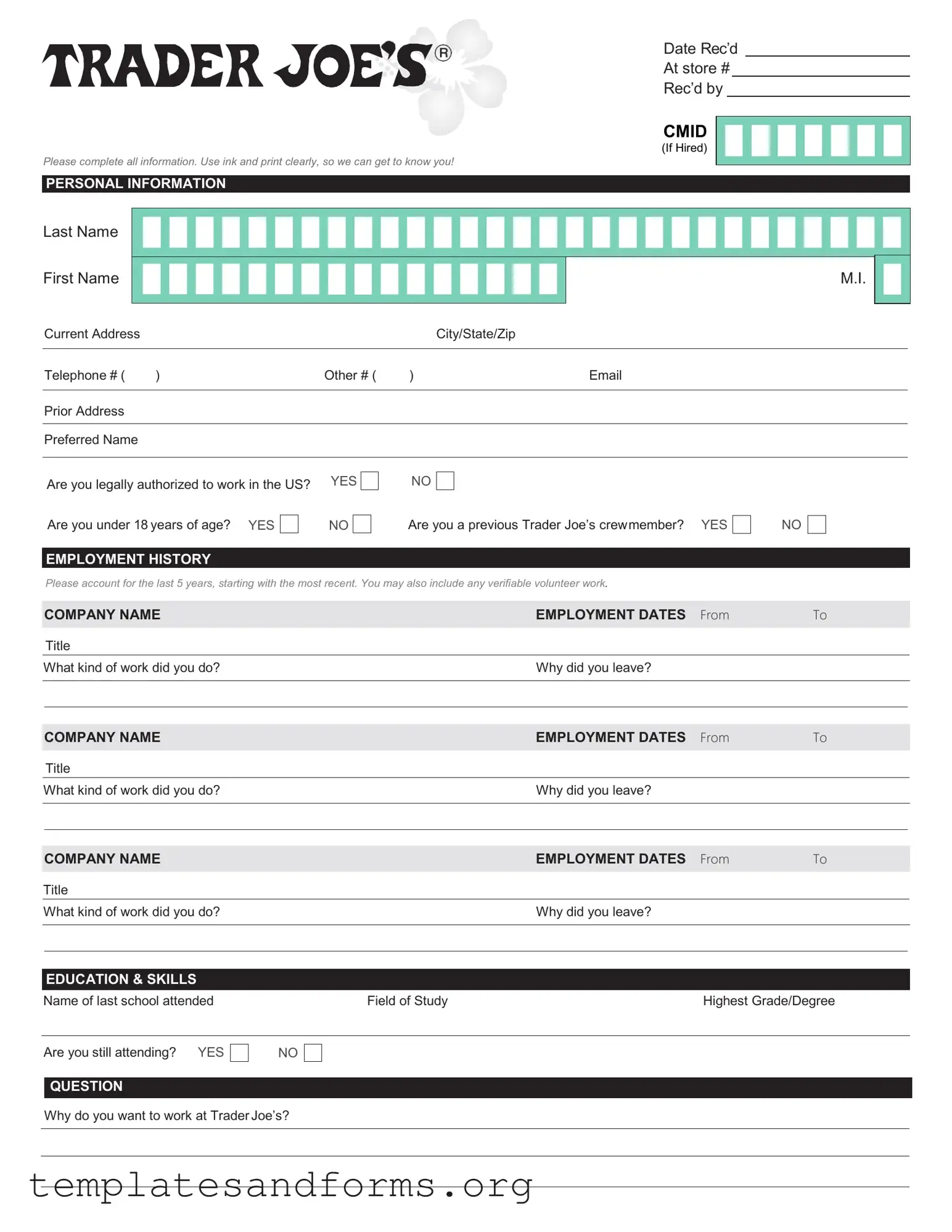 Fill in a Valid Trader Joe's application Form