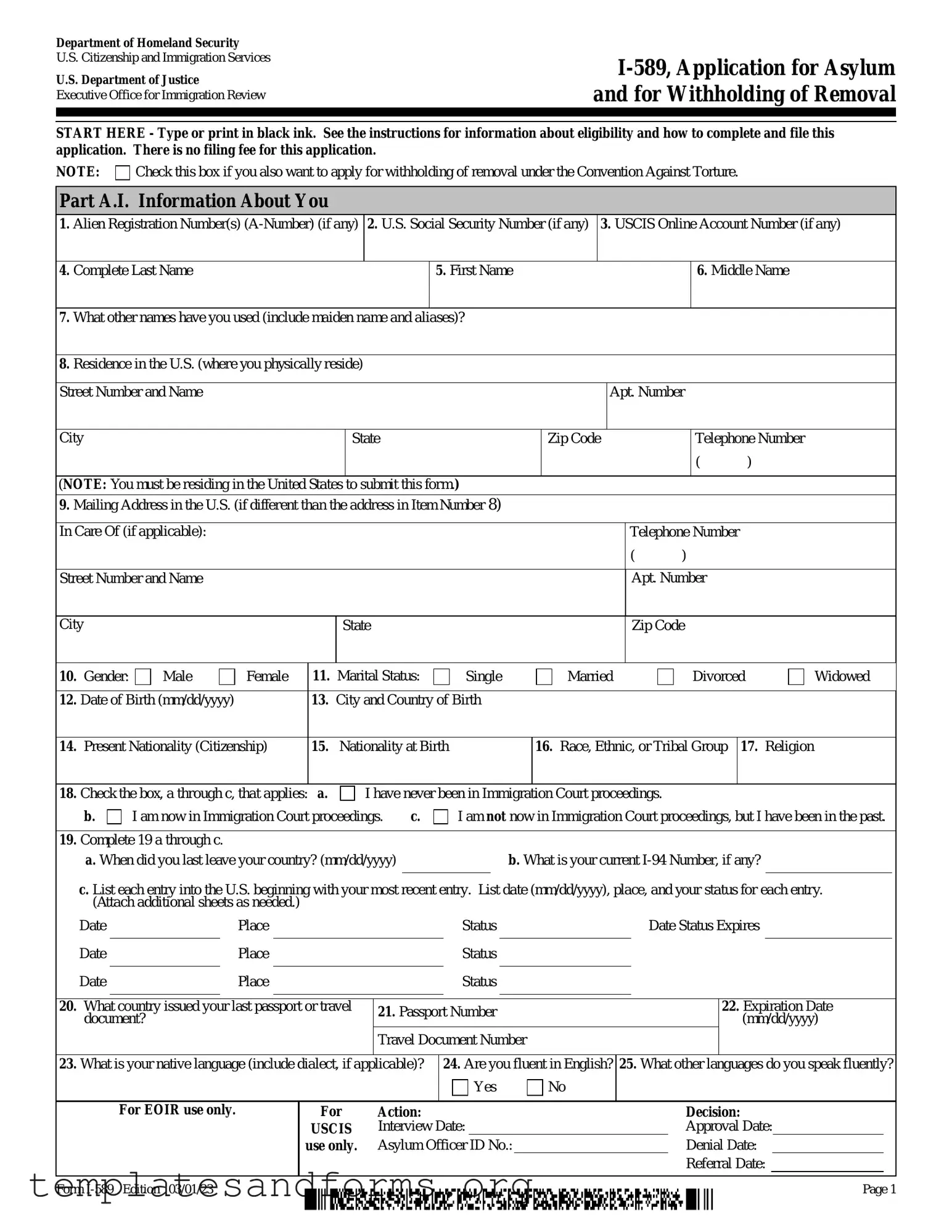 Fill in a Valid USCIS I-589 Form