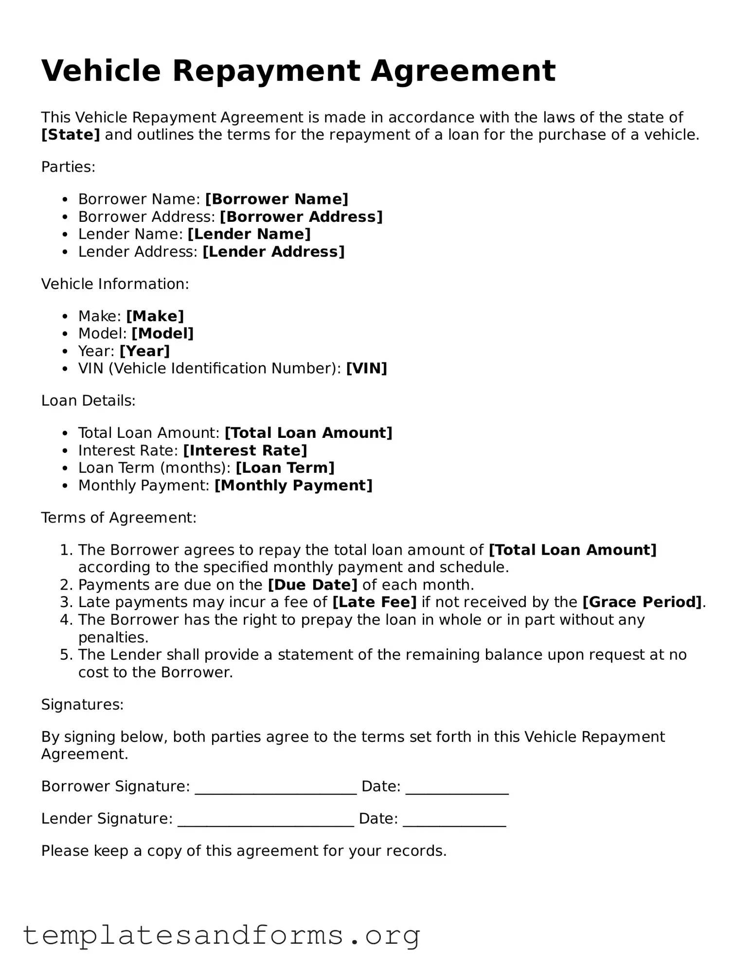 Blank Vehicle Repayment Agreement Document