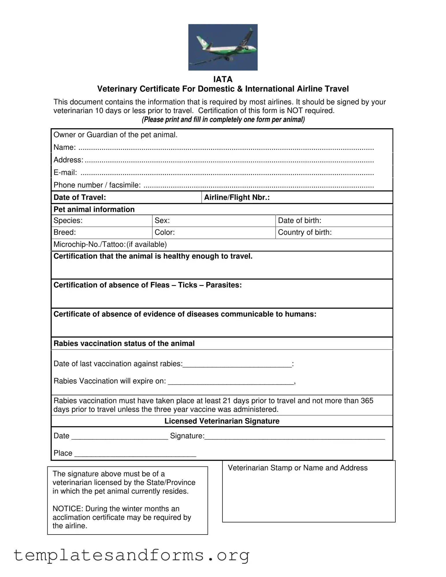 Fill in a Valid Veterinary Certificate Travel Form