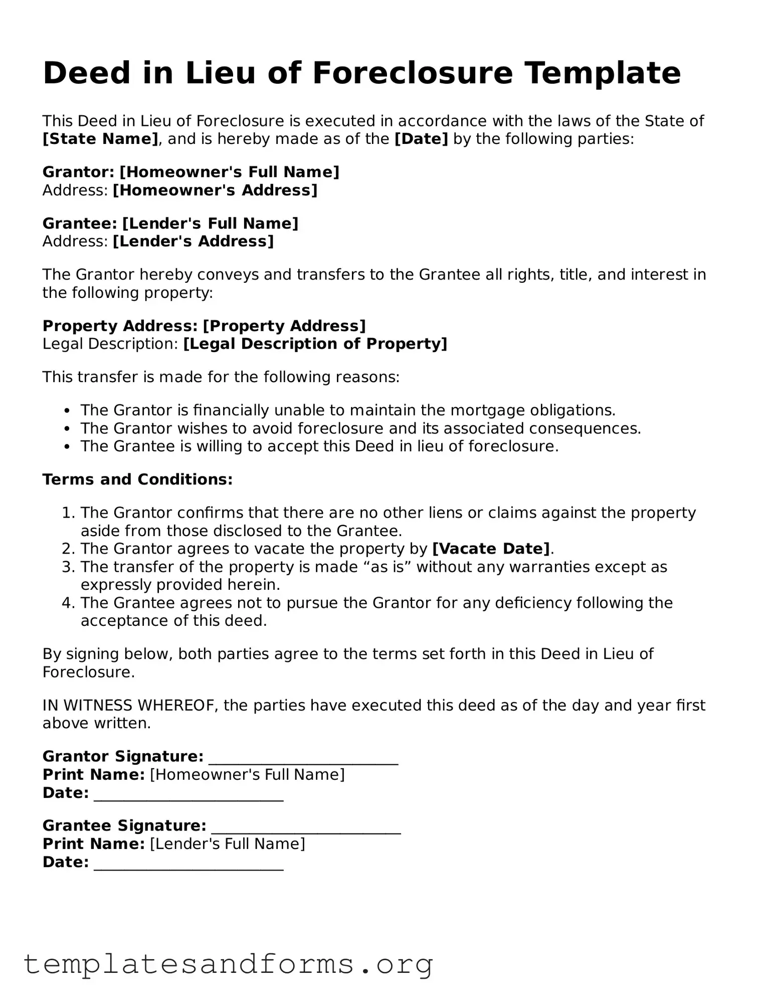 Blank Deed in Lieu of Foreclosure Document