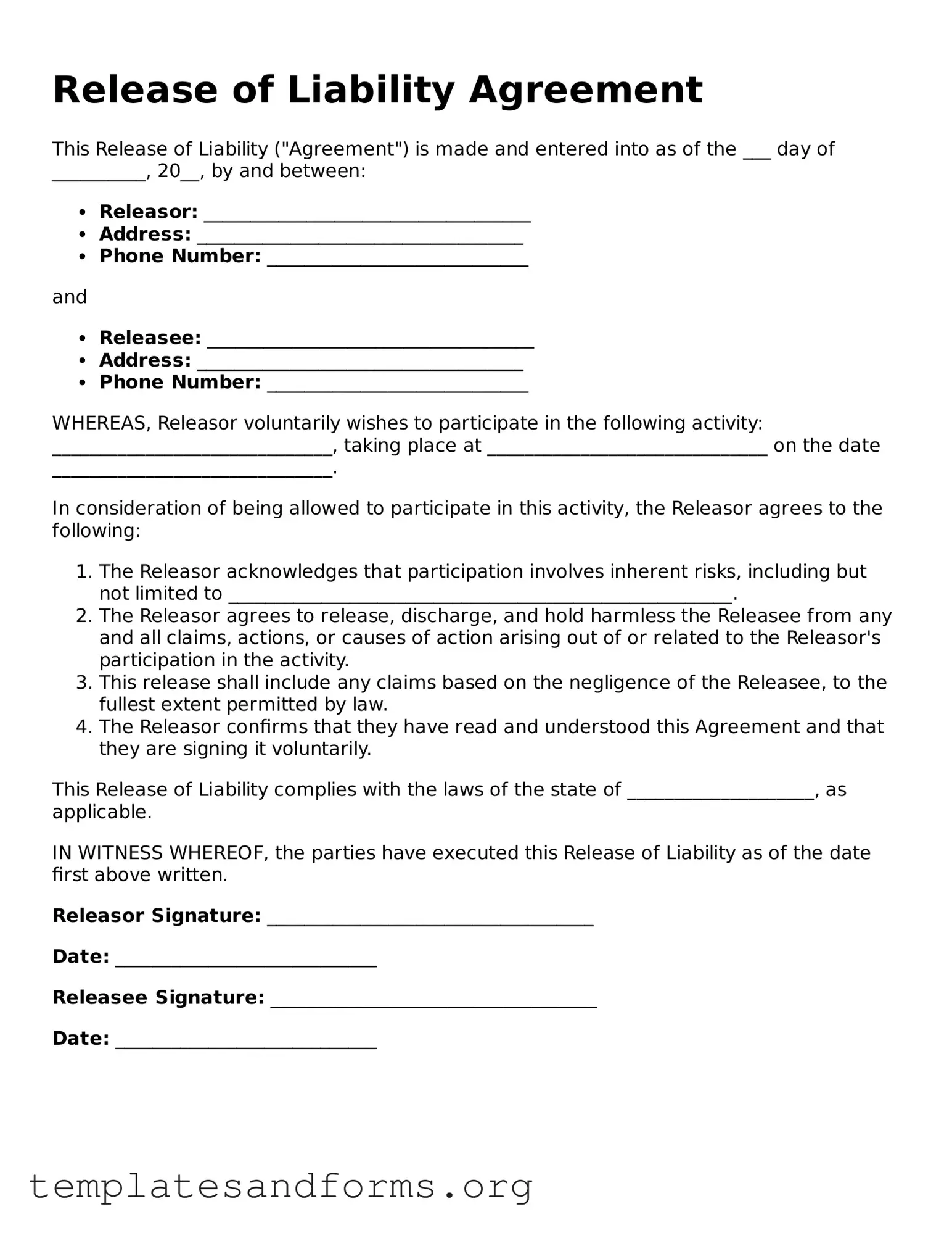 Blank Release of Liability Document