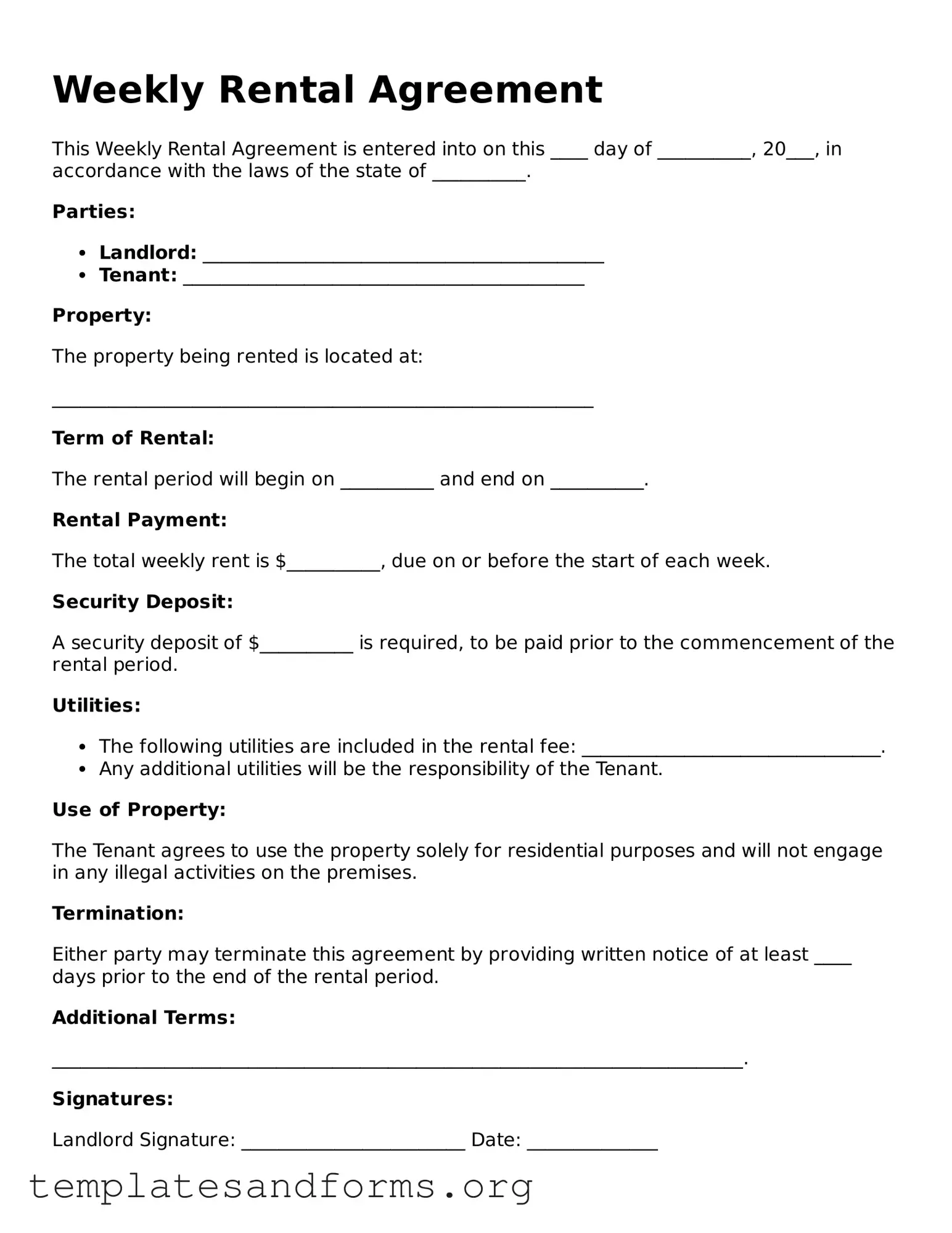 Blank Weekly Rental Agreement Document
