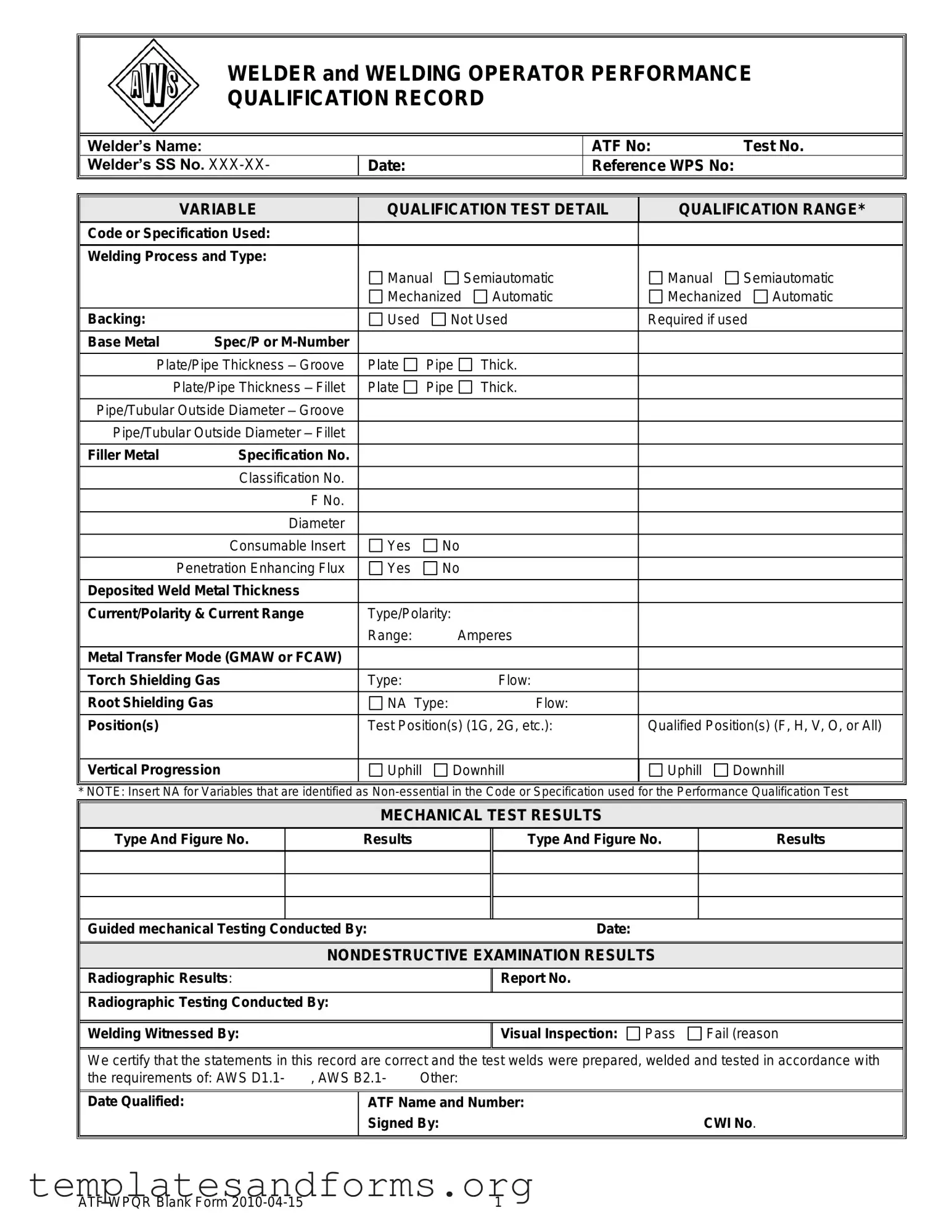Fill in a Valid Welder Performance Qualification Record Form