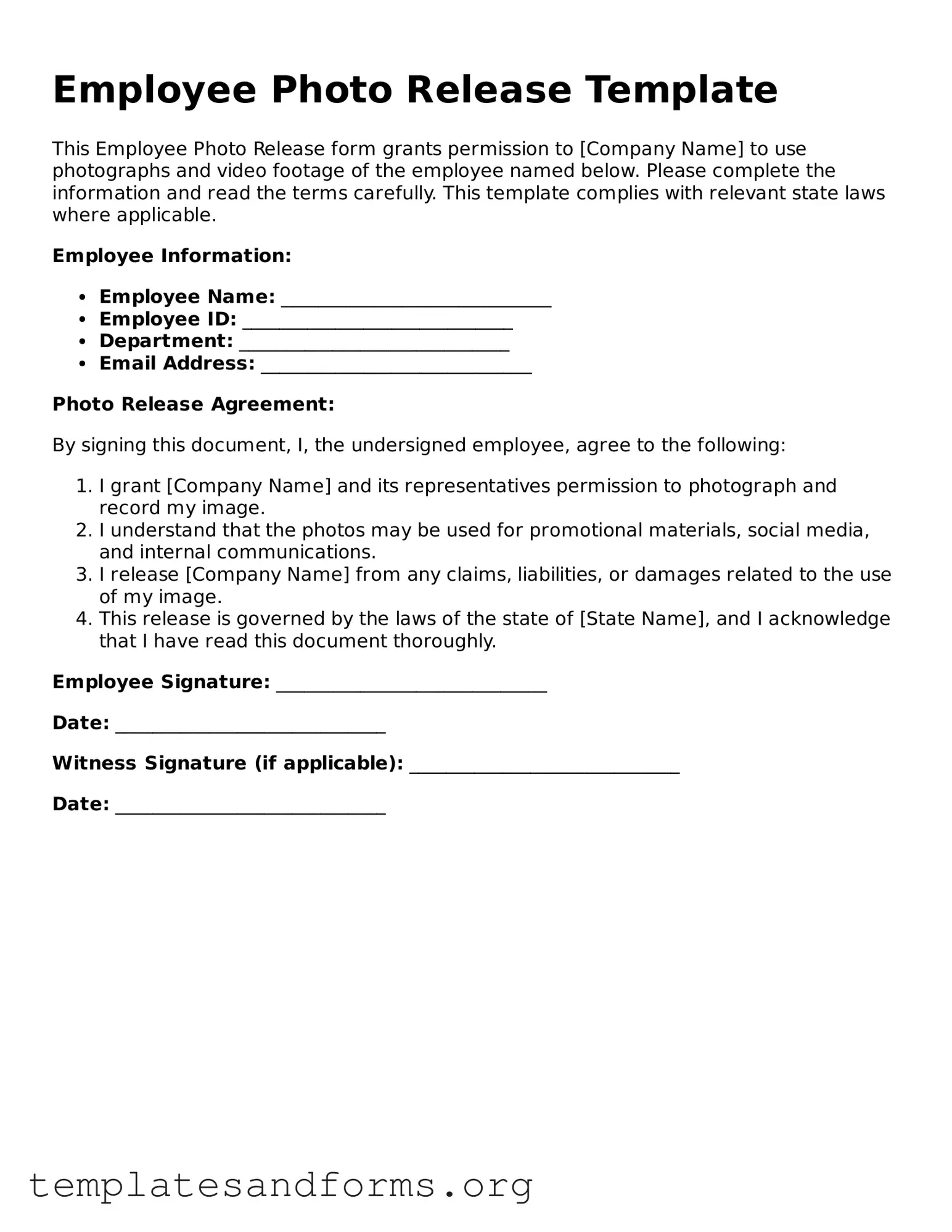 Blank Employee Photo Release Document